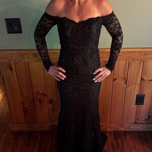 La Femme Black Off-Shoulder Lace Dress